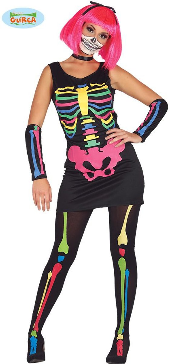 Spook & Skelet Kostuum | Vrolijk Fluorescerend Skelet | Vrouw | Maat 36-38 | Halloween | Verkleedkleding